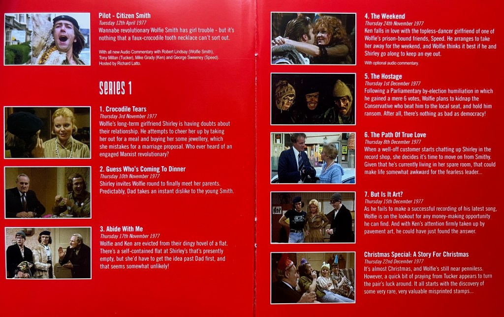 2 pages from the episode guide with the Blu-ray for Citizen Smith. Against a red background, each page lists 4 or 5 episodes. There is a small photo from each episode, to the right of which is white text with the episode title, transmission date and a brief synopsis.