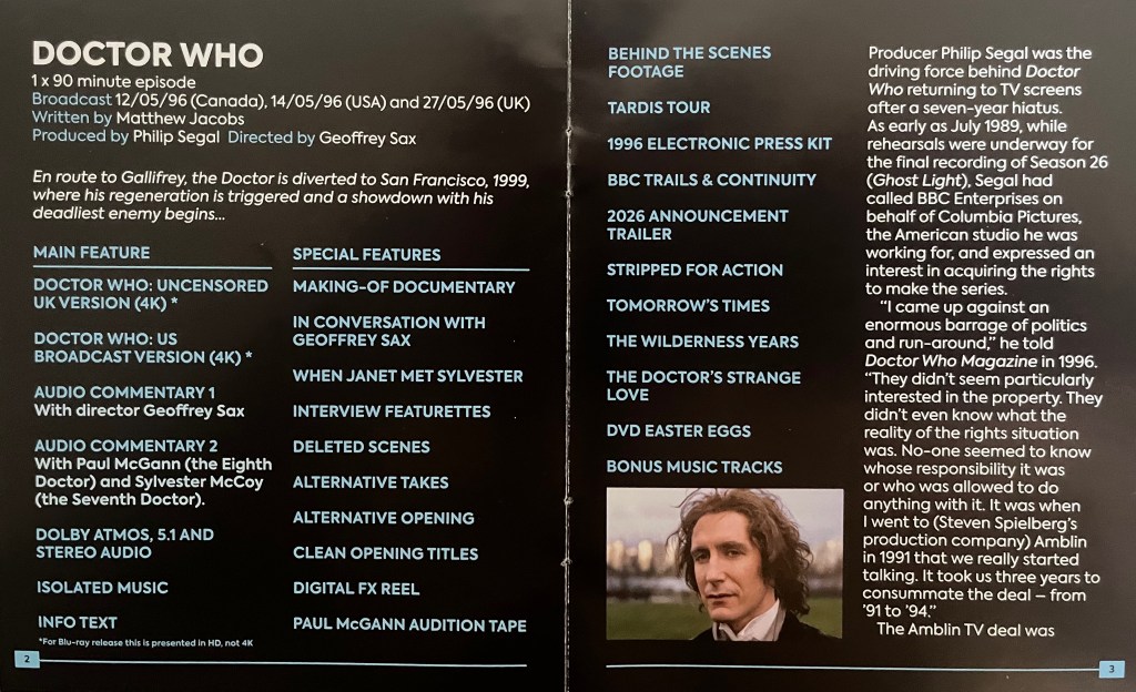 Double-page spread from the booklet included with the Blu-ray for Doctor Who The Movie, showing the long list of extra features on both discs, and the first few paragraphs of an essay about how the film came about.