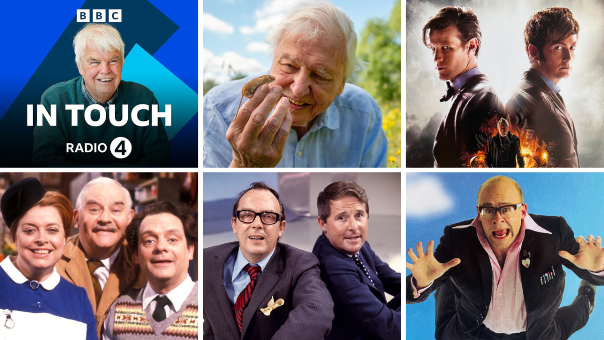 A collage of 6 photos, showing Peter White with the logo for the BBC Radio 4 programme In Touch, David Attenborough admiring a small mouse that is crawling on his finger, the poster image for the 50th anniversary of Doctor Who with Matt Smith, David Tennant and John Hurt, the central cast members of Open All Hours consisting of Arkwright, Granville and Nurse Gladys Emmanuel, comedy duo Morecambe and Wise, and comedian Harry Hill.