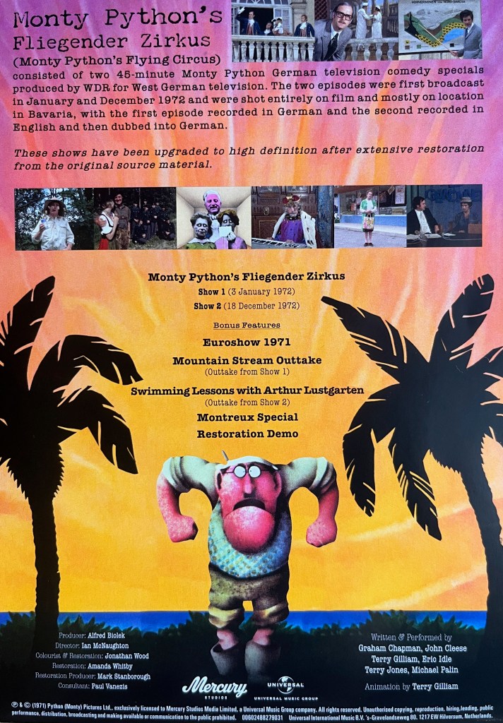 Rear sleeve for the Blu-ray of Monty Python’s Fliegender Zirkus, showing a description of the German shows and a full list of contents on the disc, along with some small photos from the shows with real-life and animated characters.