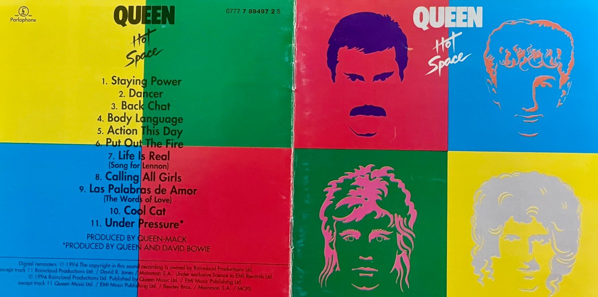 Cover spread for the Queen album Hot Space. The front cover is divided into a grid of 4 coloured squares, coloured red, blue, green and yellow, moving left to right, top to bottom. Each square contains an outline image of Freddie, John, Roger and Brian respectively. The back cover also has a grid of 4 squares, in the reverse colour order of yellow, green, blue and red, and it's overlaid with the tracklisting in black text.