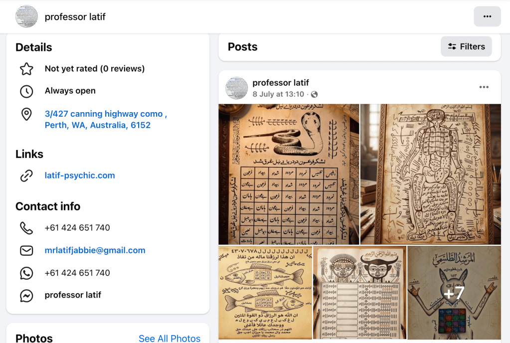 Screenshot of Mr Latif's Facebook page, with contact details and diagrams of animals and a human body.