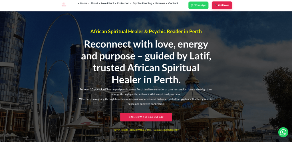 Website home page for Professor Latif, who claims to be an African Spiritual Healer and Psychic Reader in Perth.