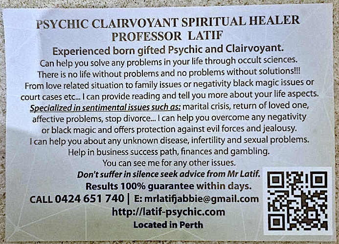 A business card from Professor Latif, who claims to be a psychic clairvoyant spiritual healer. It includes a phone number, email address, website and QR code.