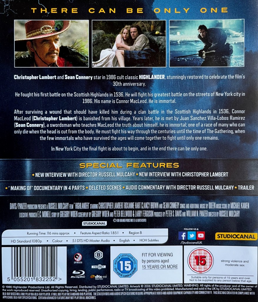 Back cover for the Blu-ray of Highlander, showing a few images from the movie above a description of the film and the list of extra features.