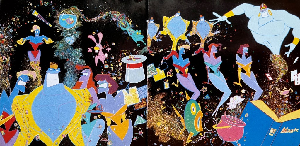 Double page spread from the booklet with Queen's album A Kind Of Magic. It shows a dazzling, colourful array of cartoon imagery against a black background littered with tiny colourful stars and other objects. The large cartoon imagery across both pages includes representations of all 4 band members, some dancers, a microphone, two bowls of water that each contain a fish, another fish flying around with a wide open mouth that gives it a shocked expression, a rabbit jumping out of a top hat while a frog appears to be diving towards it, a cauldron, a lamp with a large genie that has emerged from it, and a blue book with the word Magic on the cover.