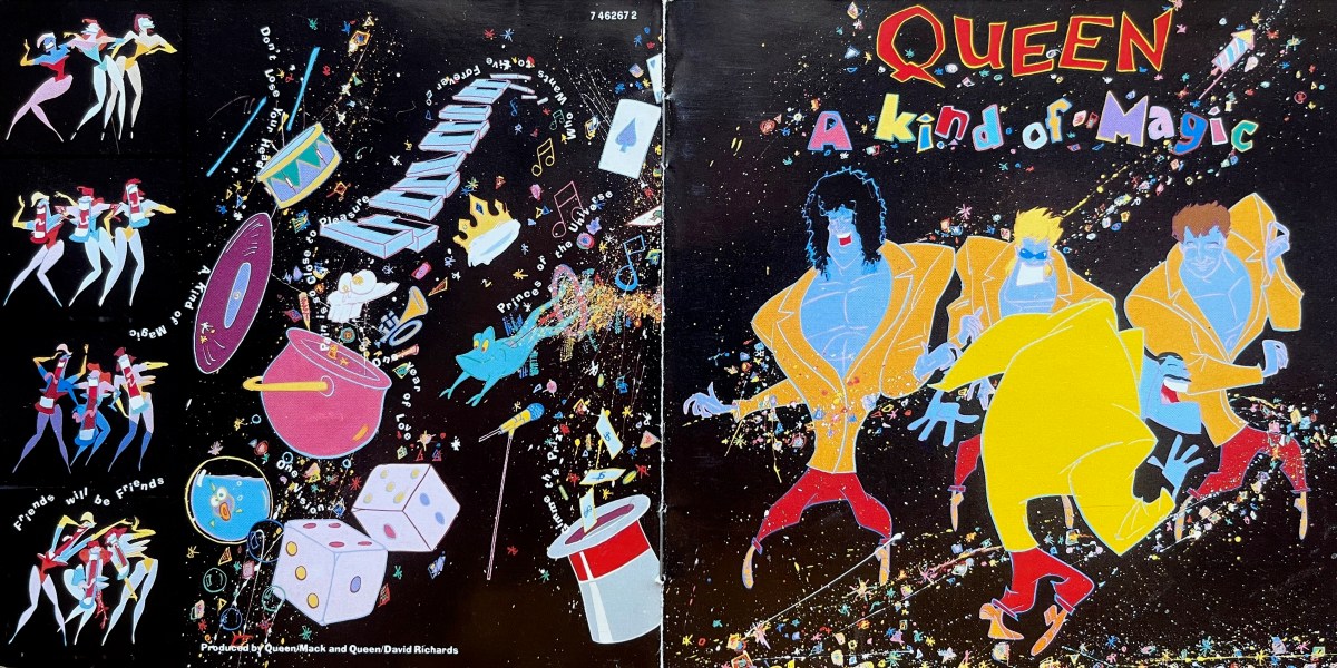 Cover spread for Queen's album A Kind Of Magic. Both the front and back have a black background dotted with tiny colourful stars and other objects. On the front are large colourful cartoon versions of the 4 band members. They all have blue skin, but Freddie is in front wearing a bright yellow outfit, while the others are behind him wearing orange. The back cover is filled with a myriad of colourful cartoon images that have burst out of a large cauldron, including dancers, musical notes, instruments including a keyboard and a drum, animals including a goldfish in a bowl and a frog, magic trick items including a pair of dice, a playing card and a top hat, and other items including a crown and a microphone. The titles of the different songs, in white text, are also randomly incorporated into the artwork on the back, snaking around the objects and sometimes written upside down.