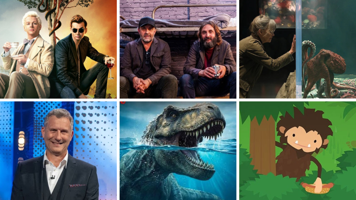 A collage of 6 images, showing angel Aziraphale and demon Crowley from Good Omens, comedians Joe Wilkinson and David Earl, an old lady looking at an octopus in a large tank in an aquarium, comedian Adam Hills, the head of a dinosaur half submerged in water with its mouth wide open, and the small hairy creature from the Sneaky Sasquatch video game stealing a hotdog.