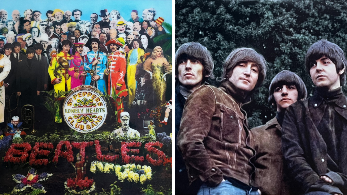 A collage of 2 images of The Beatles. On the left is the cover for the Sergeant Pepper album, showing the 4 band members wearing brightly coloured military tunics in front of a huge crowd of people. On the right, the 4 band members dressed in brown jackets are posing in front of a dark leafy background, from the photoshoot for the Rubber Soul album.