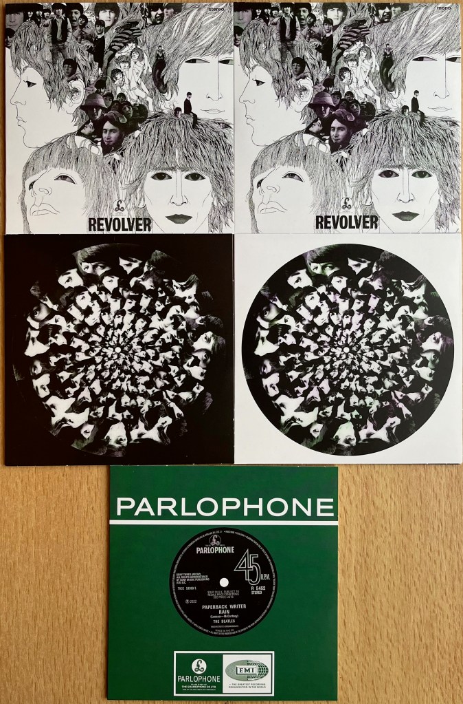 The front covers of the 5 cardboard sleeves for the CDs in the Revolver box set. For the first 2 cases, the cover matches the main album cover, featuring black and white sketch-style headshots of the 4 band members, with smaller black and white photos of them in the spaces in between. The next 2 cases feature a kaleidoscopic view of the band's faces, which repeat many times in the circular design. The front cover of the final disc looks like the front of an old vinyl EP case, with the record showing through the big hole in the centre.