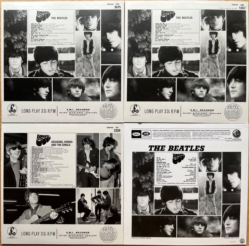 Back covers of the cardboard disc sleeves in the box set of the Beatles album Rubber Soul.  They each have a list of tracks on the disc, in black text on a white background, surrounded on the left, right and bottom by a collage of black and white photos of the band. 3 of them use the same set of 8 photos in the same pattern, but the sessions disc uses a different set of 5 photos, but still arranged in a similar formation.