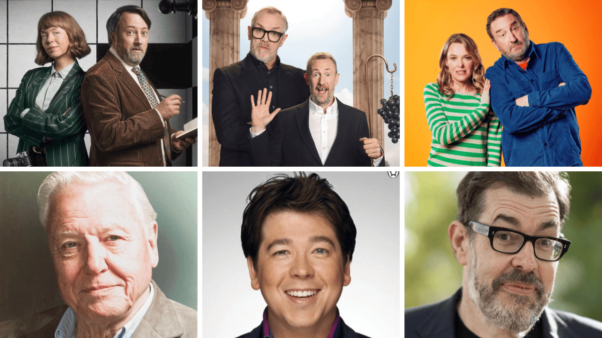 A collage of 6 photos. The top row shows images from TV shows, with Lucy and John from Ludwig, Greg and Alex from Taskmaster, and Lucy and Lee from Not Going Out. The bottom row has individual photos of David Attenborough, Michael McIntyre and Richard Osman.