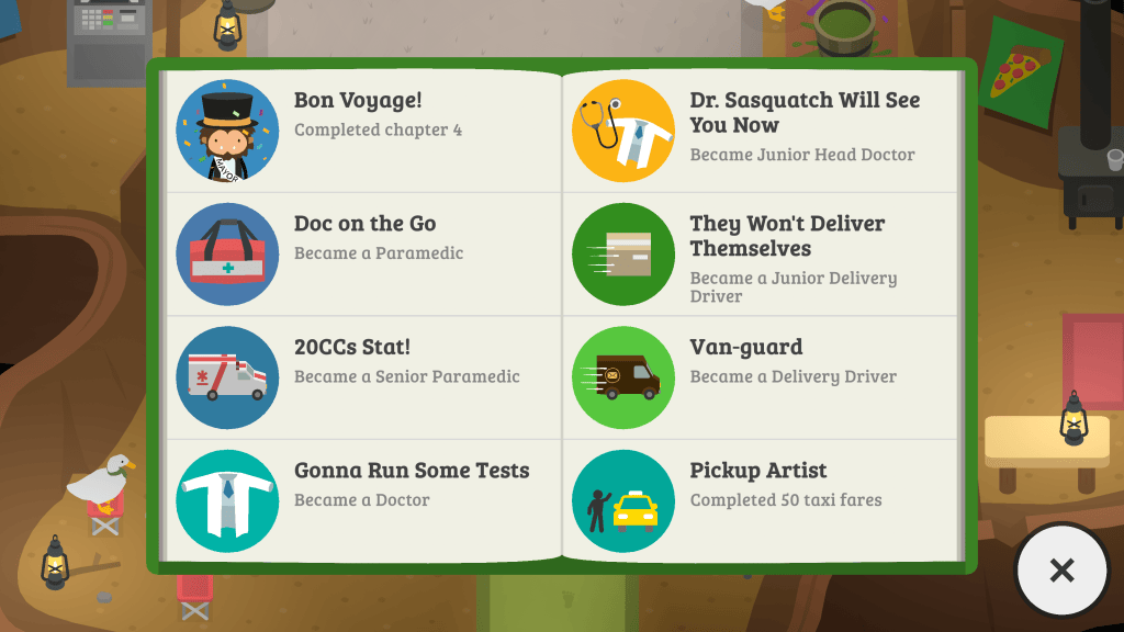 Screenshot from the game Sneaky Sasquatch, showing an open book with 8 badges that have been earned. These have been awarded for completing chapter 4, earning the lowest and highest promotions as a Paramedic, Doctor and Delivery Driver, and completing 50 fares as a Taxi Driver. Each badge has a relevant design, such an ambulance for the Senior Paramedic, or a stethoscope and a white shirt for the Junior Head Doctor.