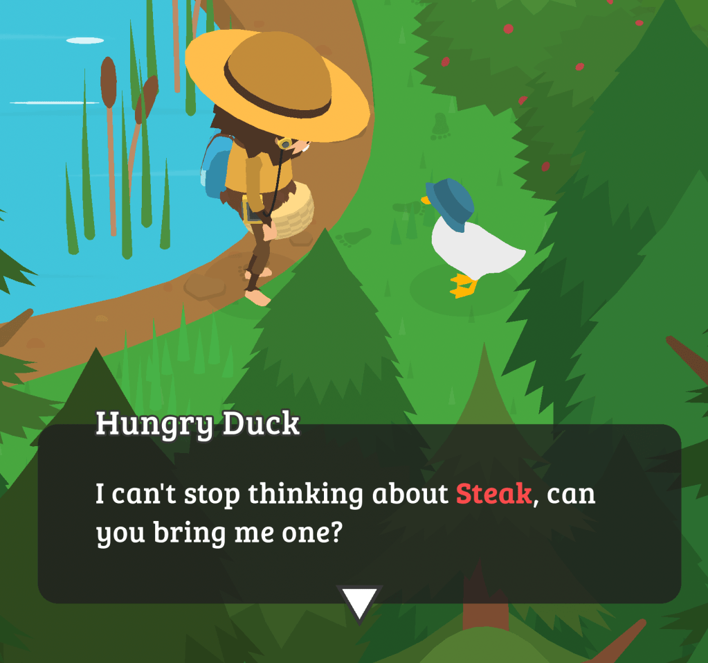 A screenshot from the game Sneaky Sasquatch. The title character is facing an animal called Hungry Duck, who is saying I can't stop thinking about Steak, can you bring me one? Most of the dialogue is displayed in white in a very dark tinted box, so it contrasts clearly. However, the word Steak is in red to emphasise it, which doesn't show up quite so clearly against the dark background.
