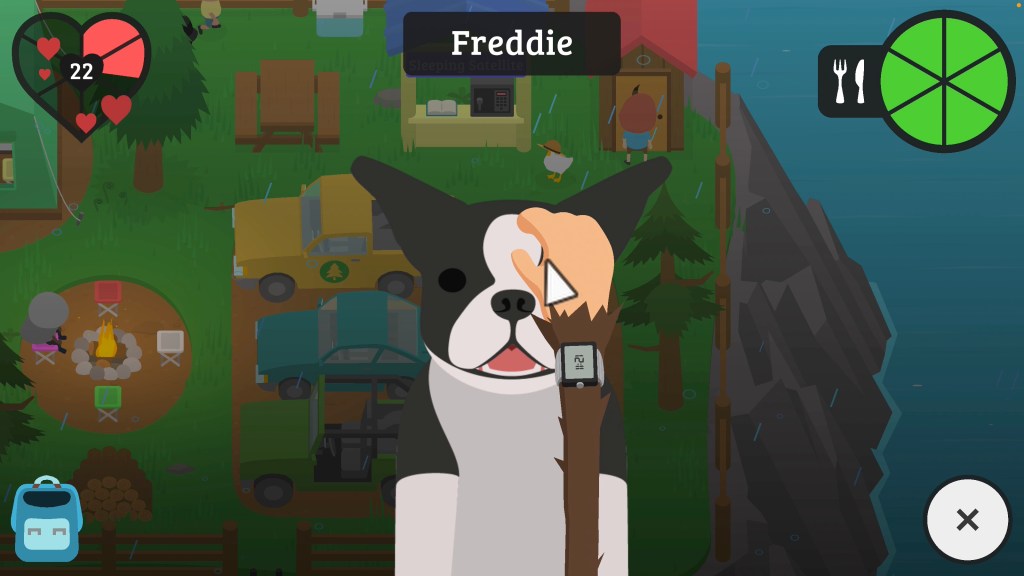 Screenshot from the game Sneaky Sasquatch. It shows a close-up of a brown and white dog, smiling as Sasquatch's hand strokes the top of his head. Above him is the name Freddie. At the top left of the screen is a heart shape divided into 6 sections, with small red hearts emanating from it as the sections fill up with red. There is a number 22 in the centre, to signify the level of affection that has been reached. At the top right of the screen is a circle divided into six sections, all filled with a green colour, next to an icon of a knife and fork, indicating that the dog has had enough to eat.