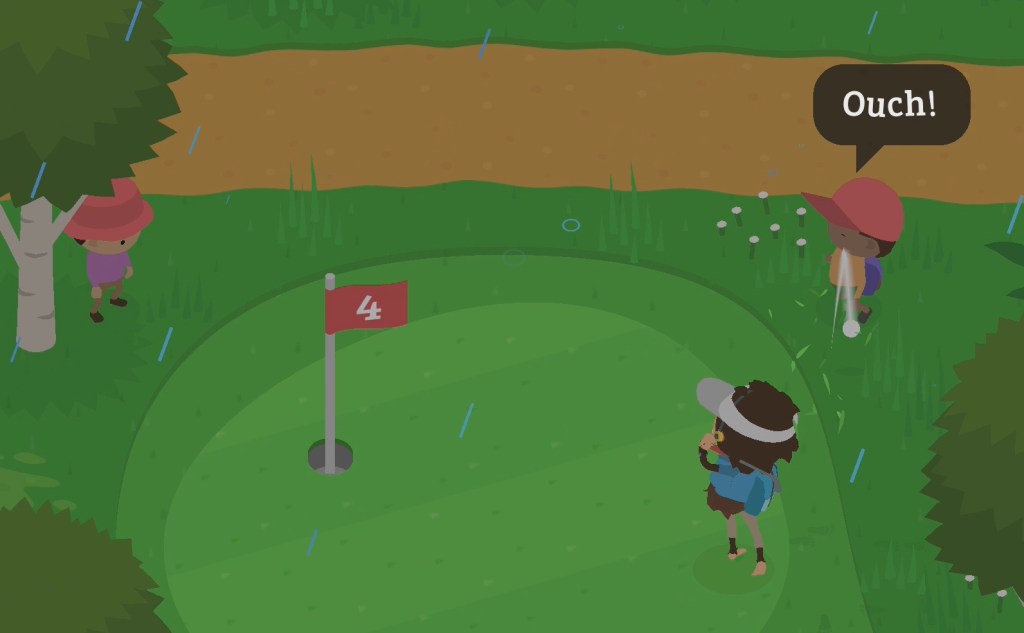 Screenshot from the game Sneaky Sasquatch. It shows the title character near the fourth hole on the golf course, hitting the ball into the face of a spectator who exclaims Ouch in response.
