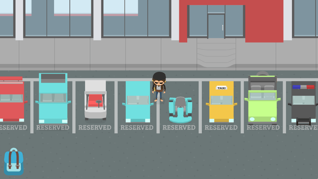 Screenshot from the game Sneaky Sasquatch. The title character, wearing a leather jacket, jeans and dark sunglasses, is standing among a collection of vehicles in parking spaces marked Reserved. They include a pickup track, golf cart, go kart, taxi cab and police car.