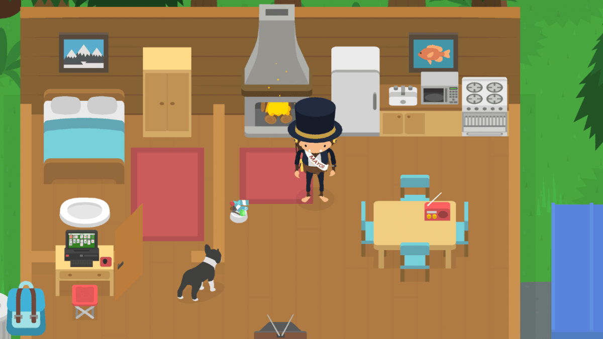 Screenshot from the game Sneaky Sasquatch. The Sasquatch character is a creature that is entirely hairy apart from his bare feet, hands and face. On his face are 2 black dots for eyes and two small white fangs sticking up out of his mouth. Standing on two feet like a human, he is dressed in a smart black suit with a white shirt, a large black top hat, and a white sash across his chest with the word Mayor on it. He's also wearing headphones connected to a portable cassette player that is hooked on to one side of his outfit. He is standing in a large house that has an open plan living area, with a door leading to a small bedroom. The living area includes a fireplace, a kitchen with fridge and oven, a table with a radio on it and 4 chairs around it, a computer with a game of Solitaire on the screen, a TV, and a dog bowl with a small brown dog standing nearby. The bedroom has a double bed, a small round dog bed and a wardrobe. There are also a couple of framed pictures on the walls, of a snow-topped mountain range and a fish.
