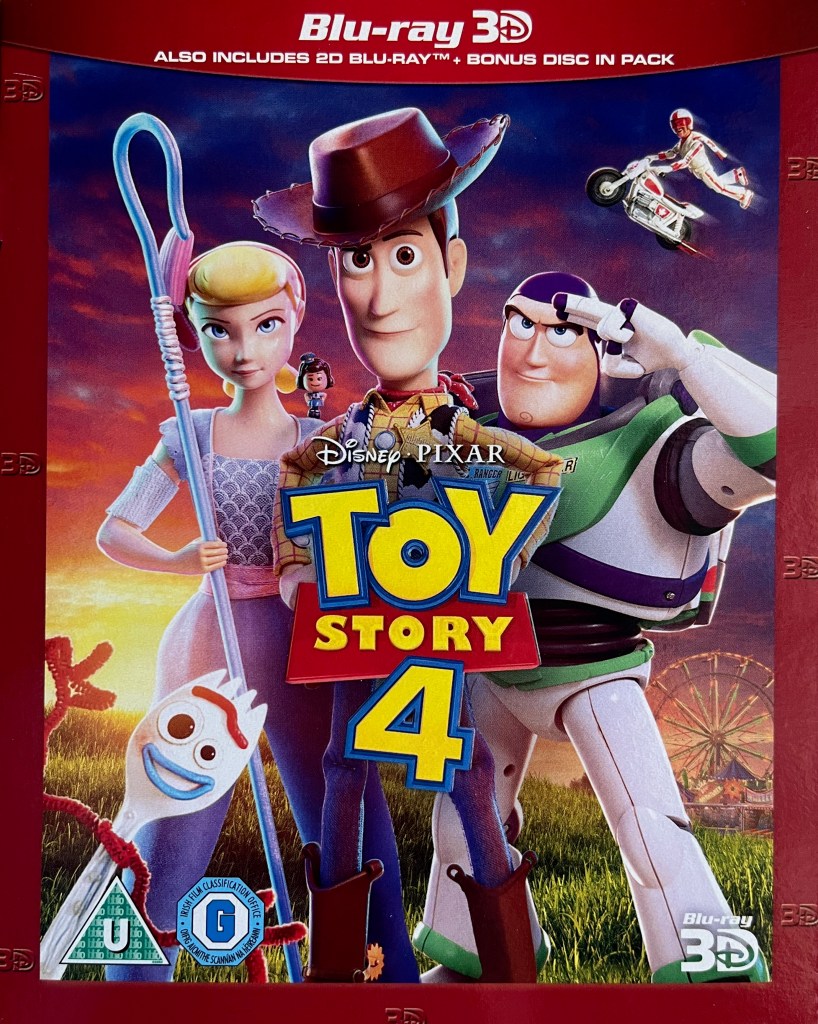 Blu-ray front cover for Toy Story 4, with shepherdess Bo Peep, cowboy Woody and Space Ranger Buzz standing in a field. The film's logo is overlaid in the centre of the image. In the bottom left is the spork called Forky. In the top right, a figure on a motorcycle is leaping through the sky.