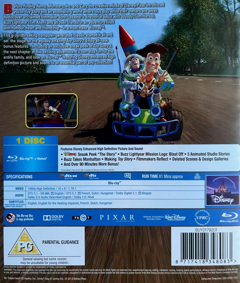 Blu-ray back cover for the first Toy Story film, showing Woody and Buzz racing down a road on a toy car. Woody is panicking, while behind him Buzz has a large firework strapped to his back. A description of the movie is shown next to them and extra features are listed below.