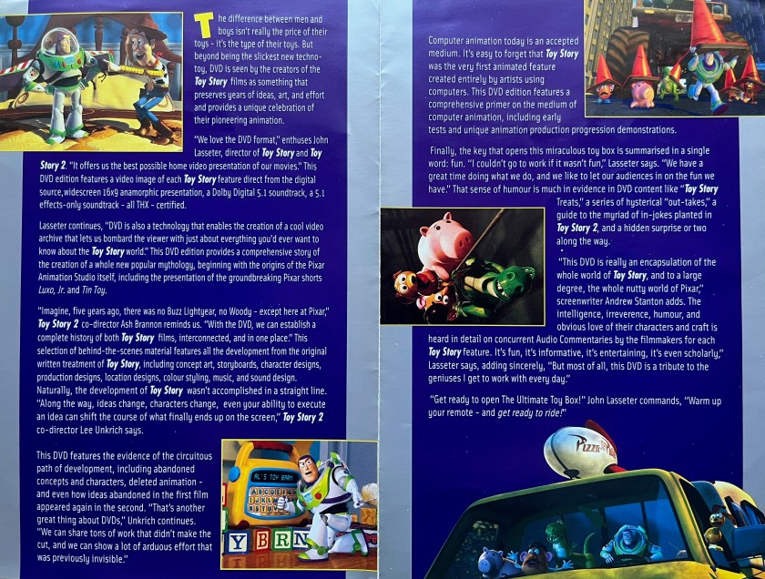 Double-page spread from the booklet with the Ultimate Toy Box DVD set for the first 2 Toy Story films. White text over a dark blue background explains why the creators of the films love the DVD format for being able to preserve and showcase their extensive work on the films. 5 images from the movies are also spread around the pages.