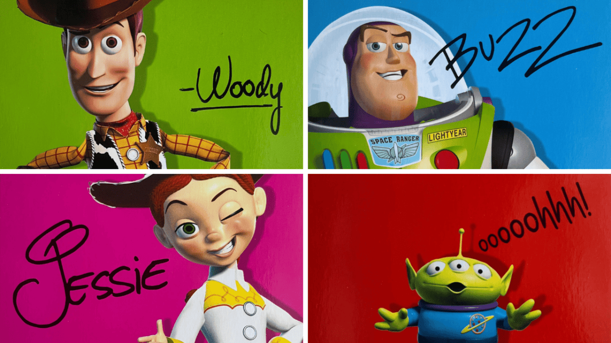 Collage of 4 images of characters from the Toy Story films. The first 3 show cowboy Woody against a green background, Space Ranger Buzz Lightyear against a blue background, and cowgirl Jessie against a pink background. They each have a signature of their name in black ink next to them. The 4th image shows a small green alien with 3 eyes against a red background saying Ooooohhh, as shown by the black writing next to it.
